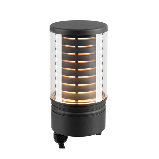 Black metal and clear glass outdoor bollard light with a matte finish.