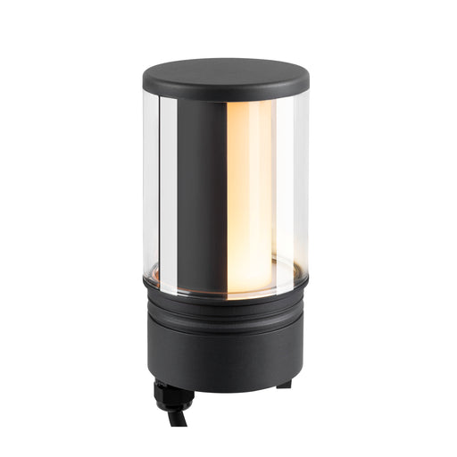 Modern outdoor path light with clear glass shade and black finish.