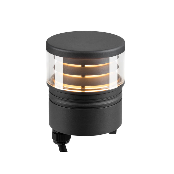 Black aluminum bollard light with clear glass shade.