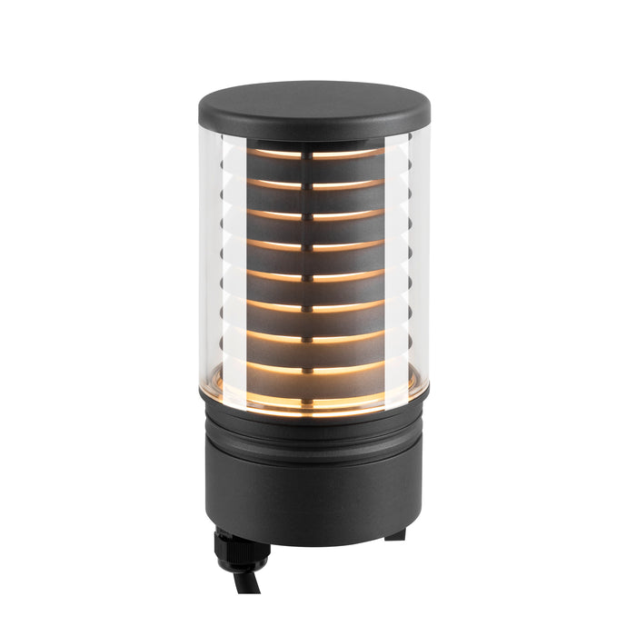 Black metal and clear glass outdoor bollard light with a matte finish.