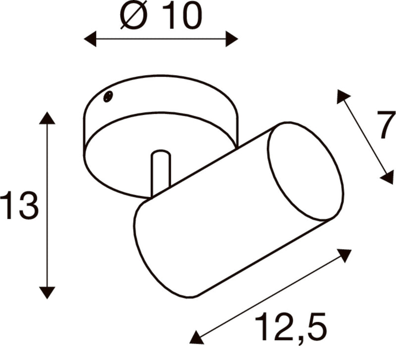 Technical drawing of a spotlight with dimensions.