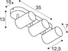 Technical drawing of a ceiling-mounted spotlight with three cylindrical lamps, showing dimensions.