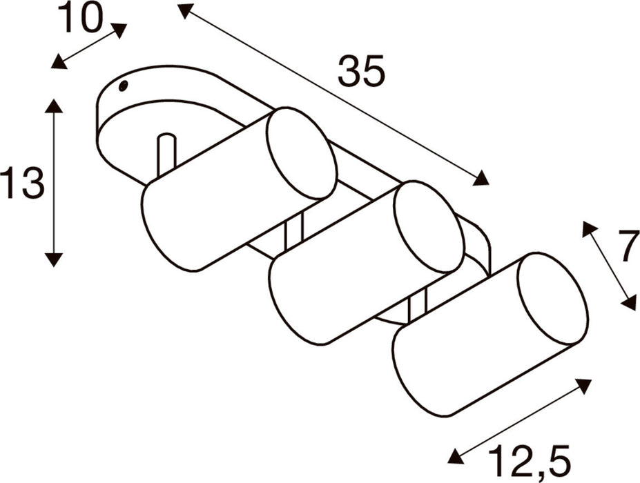 Technical drawing of a ceiling-mounted spotlight with three cylindrical lamps, showing dimensions.