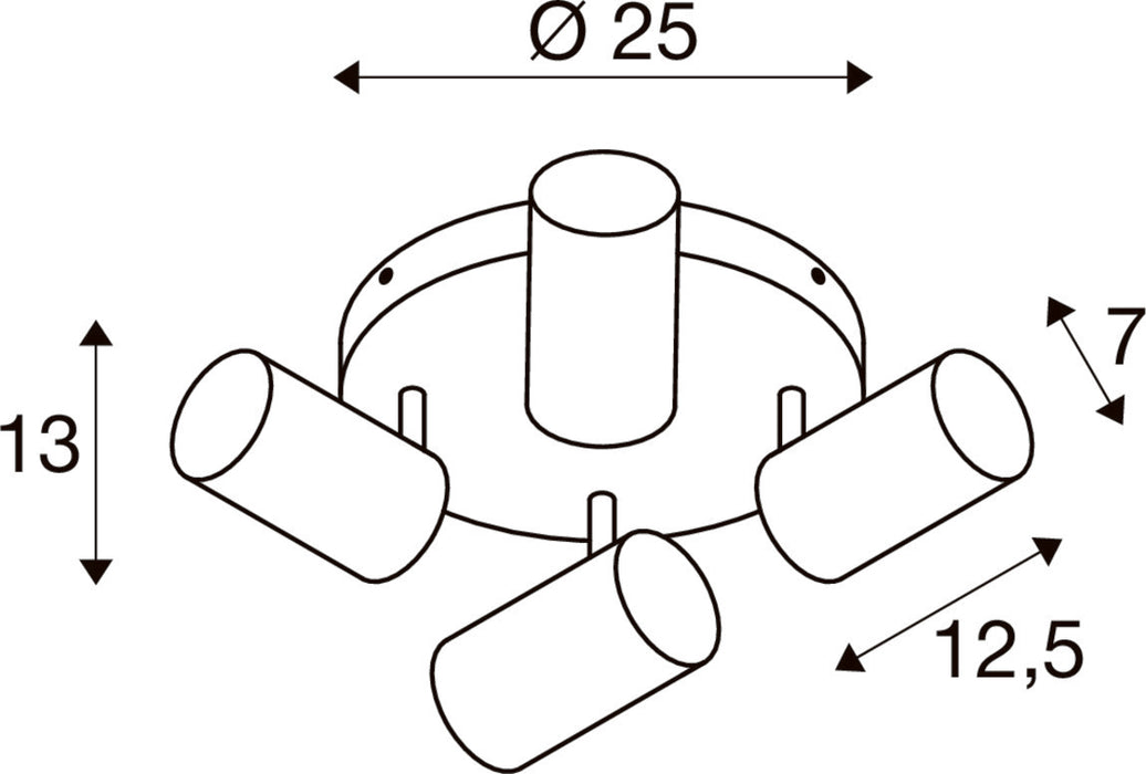 Technical drawing of a ceiling-mounted spotlight with dimensions.