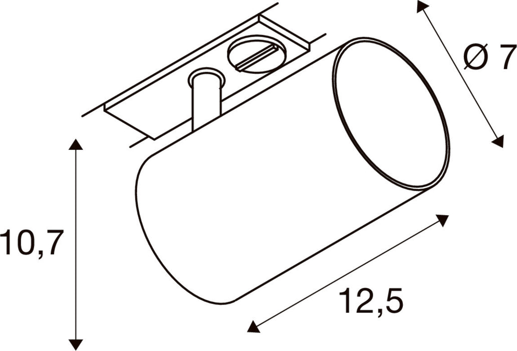 Technical drawing of a cylindrical spotlight with dimensions.