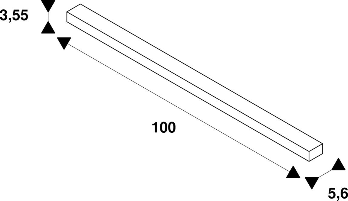 Technical drawing of a rectangular bar with dimensions 3.55, 5.6, and 100.