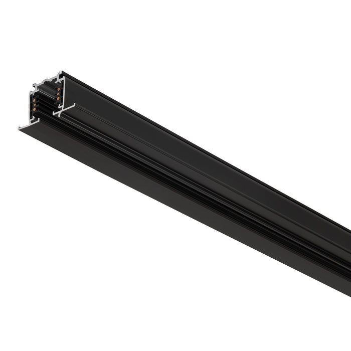 Black aluminum track lighting rail, surface mounted.