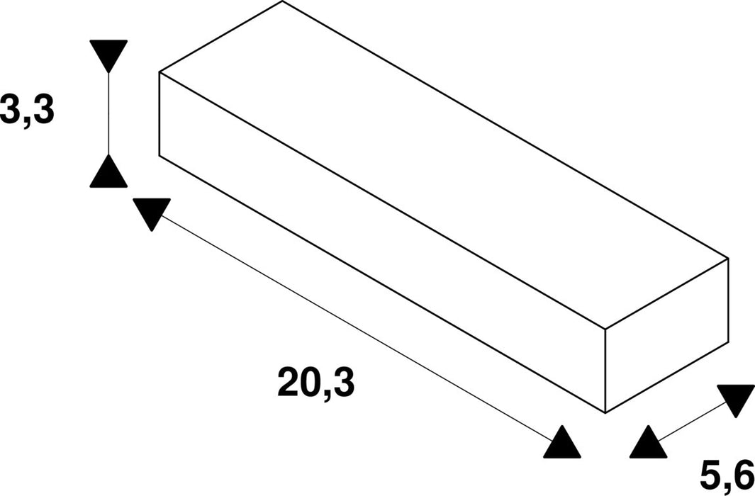 Dimensioned drawing of SLV Longitudinal connector, for S-TRACK 3-phase mounting track, with feed-in option, DALI, PHASE, white