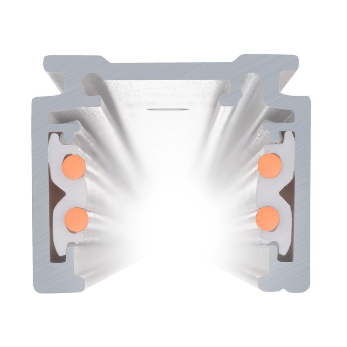 Aluminum track lighting rail, silver finish, with copper conductors.