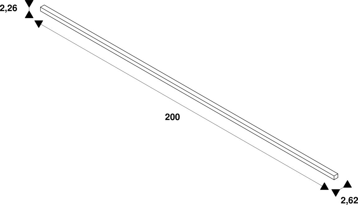 Technical drawing of a 200 unit long rectangular bar with dimensions.