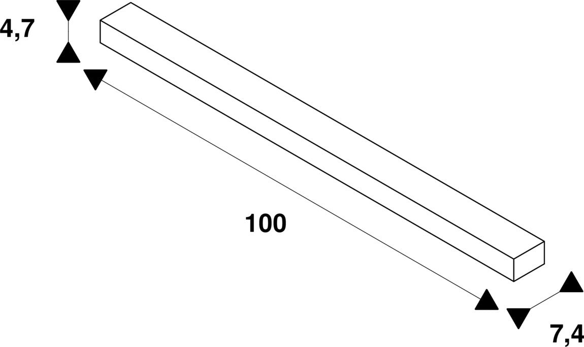 Technical drawing of a rectangular bar, showing dimensions of 4.7, 7.4, and 100.