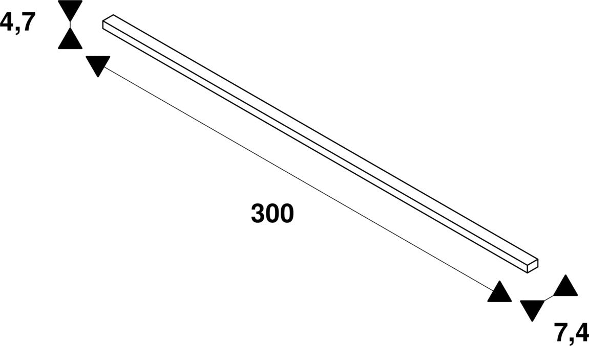 Technical drawing of a 300mm long rectangular bar with dimensions 4.7mm and 7.4mm.