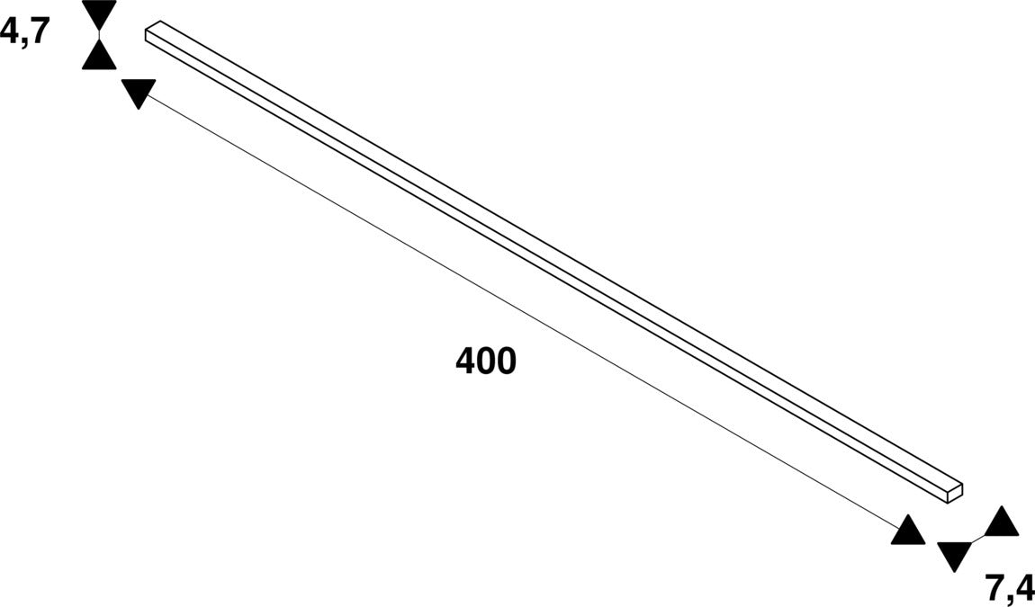 Technical drawing of a 400mm long rectangular bar with dimensions 4.7mm and 7.4mm.