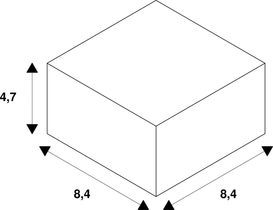 Diagram of a white cube with dimensions 8.4 x 8.4 x 4.7.