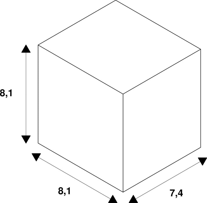 White cube outline with dimensions 8.1 x 8.1 x 7.4.