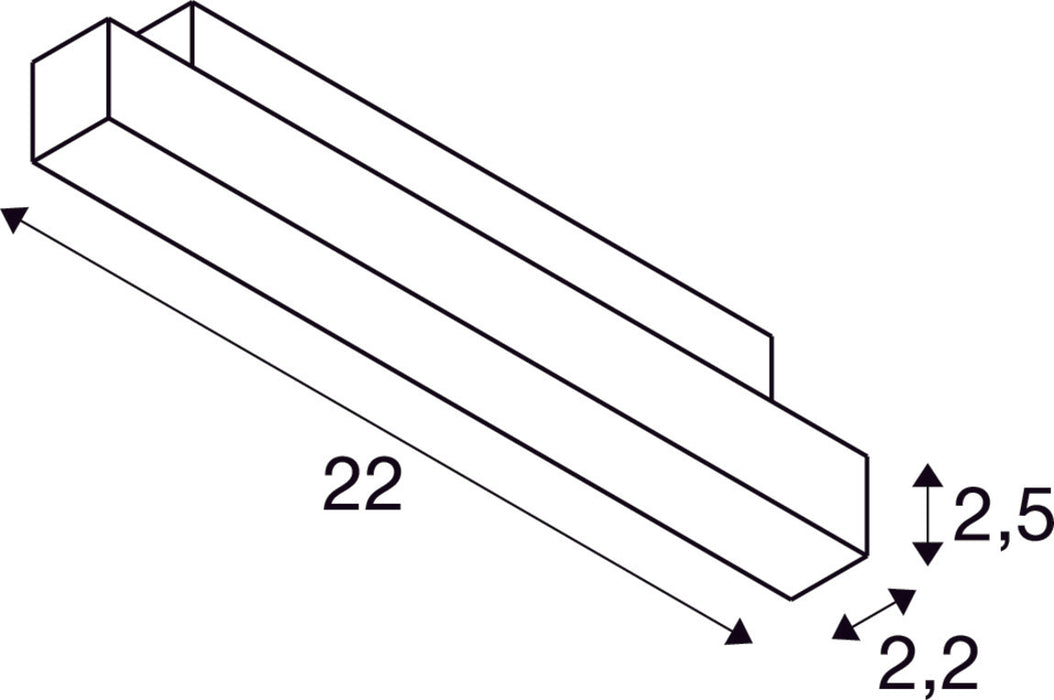 Dimensioned drawing of SLV Aluminium IN-LINE 22, 48V Spot, Darklight Reflector, DALI, black, 7.3W, 650lm, 4000K, CRI90, 35°