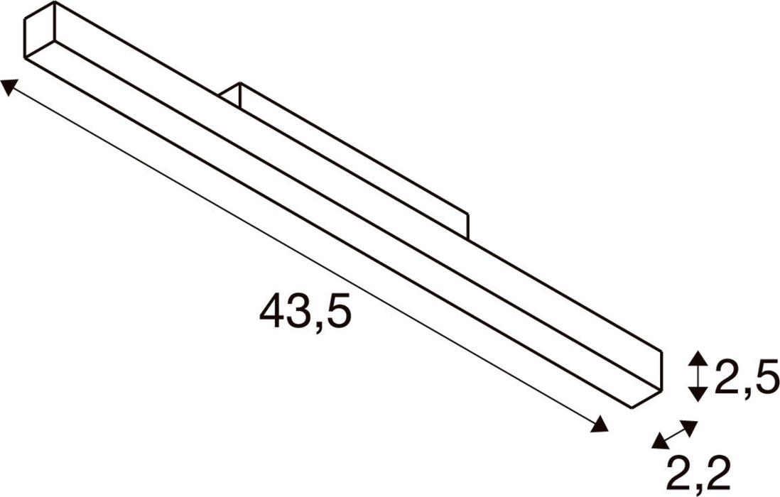 Technical drawing of a rectangular bar with dimensions 43.5 x 2.2 x 2.5.