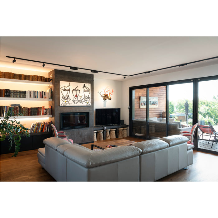 Modern living room with gray leather sectional sofa, track lighting, and built-in bookshelves.