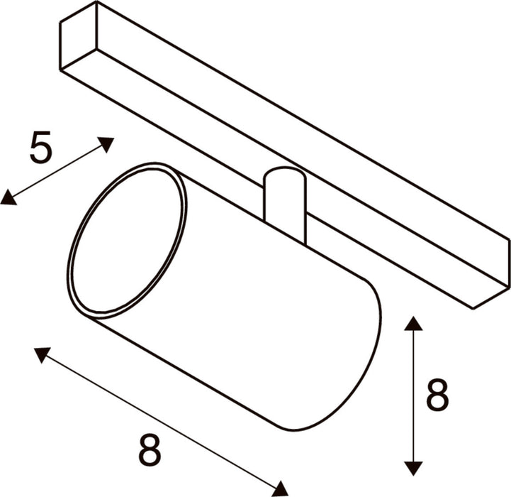 Line drawing of a track light fixture with dimensions.