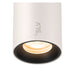 White aluminum cylinder surface-mounted downlight with black baffle.