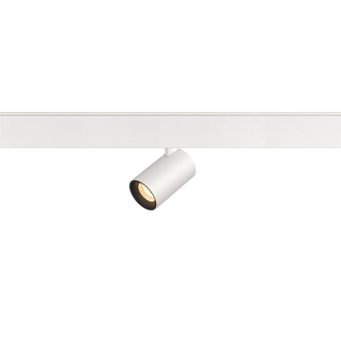 White track lighting fixture, cylinder spotlight head, mounted on track.