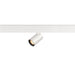 White track lighting fixture, cylinder spotlight head, mounted on track.