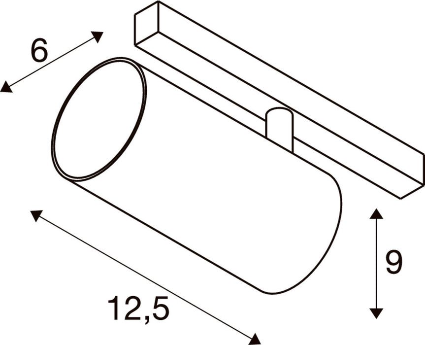 Technical drawing of a cylindrical object with dimensions 6, 9, and 12.5, and a rectangular mounting bracket.