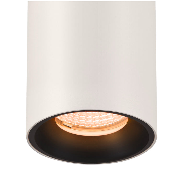 White cylinder surface-mounted light fixture with black interior.