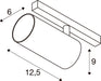 Technical drawing of a cylindrical object with dimensions 6, 9, and 12.5, mounted on a rectangular bar.
