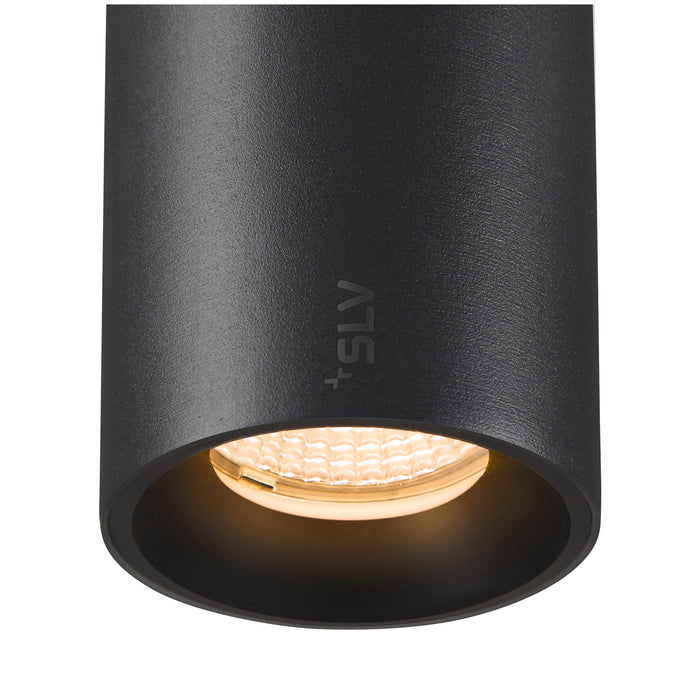 Black aluminum surface-mounted downlight with textured finish.