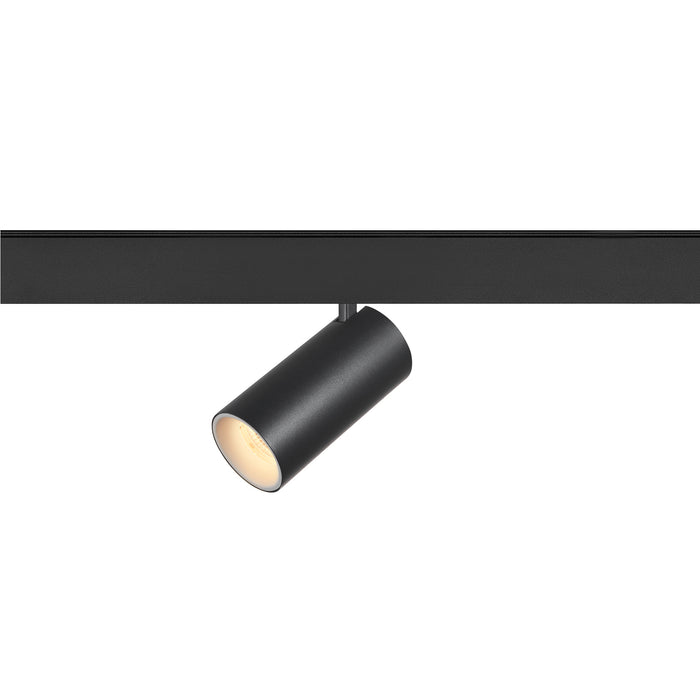 Black metal track lighting fixture, cylindrical spotlight.