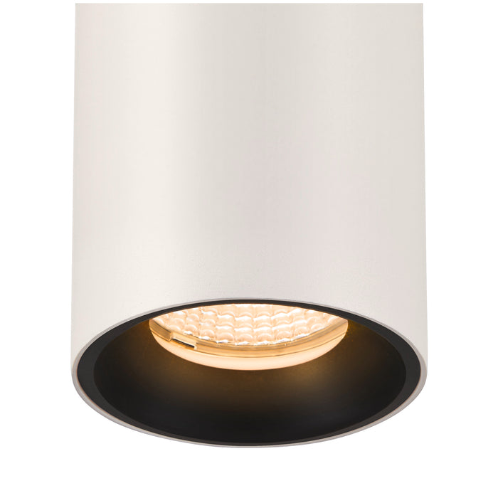 White cylinder surface-mounted light fixture with black interior.