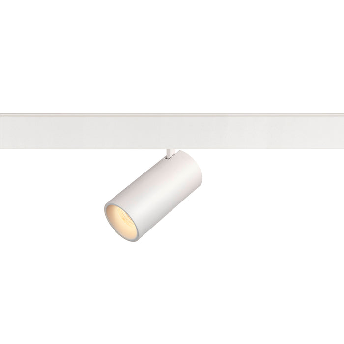White cylinder track lighting fixture, adjustable spotlight.