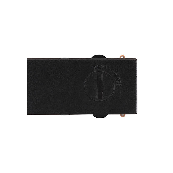 Black plastic battery box with on/off switch.