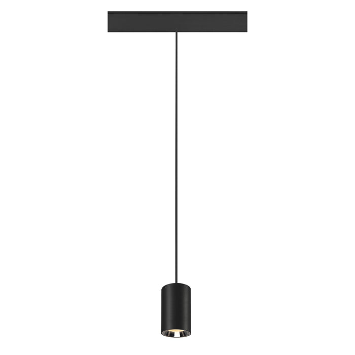 Black metal cylinder pendant light fixture, ceiling mounted.