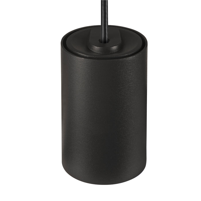 Black cylinder pendant light fixture, metal with matte finish.
