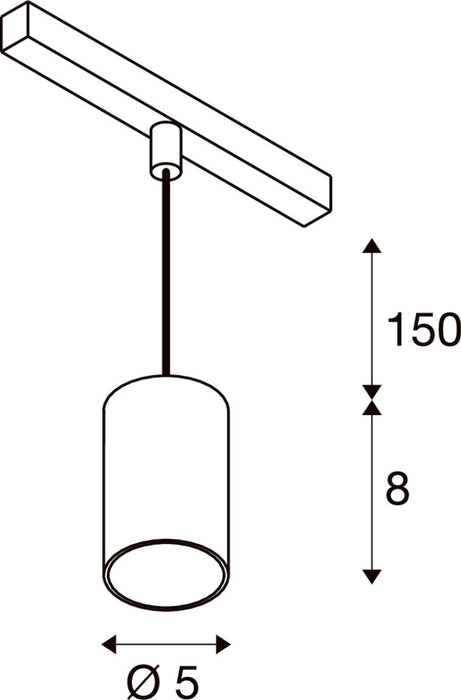 Technical drawing of a ceiling-mounted pendant light fixture with dimensions.