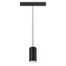 Modern cylinder pendant light, black finish, ceiling mounted.