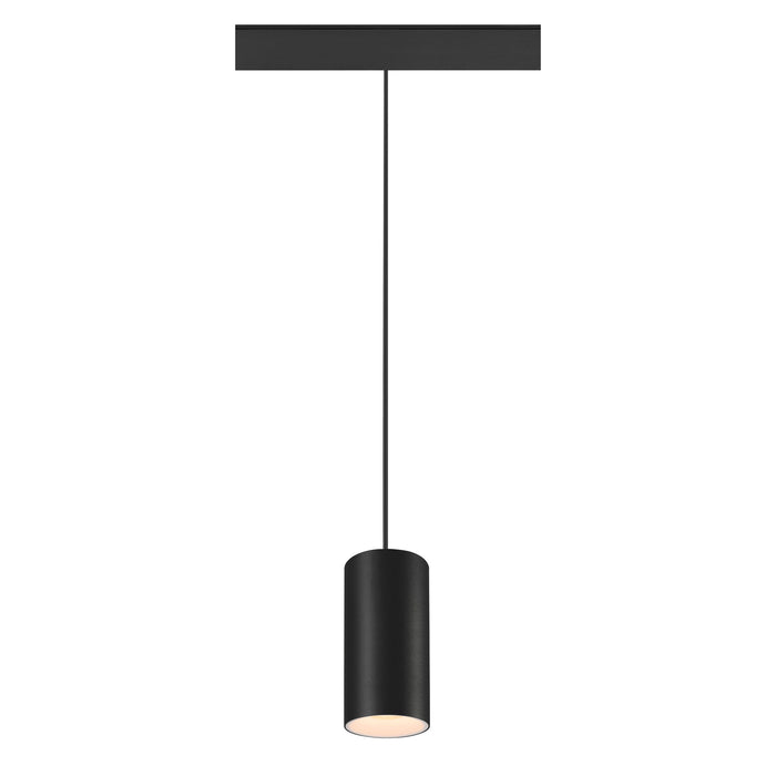 Modern cylinder pendant light, black finish, ceiling mounted.