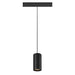 Black cylinder pendant light fixture, metal with matte finish, ceiling mounted.
