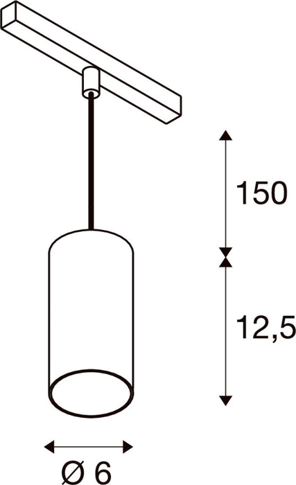 Technical drawing of a cylindrical pendant light fixture with dimensions.