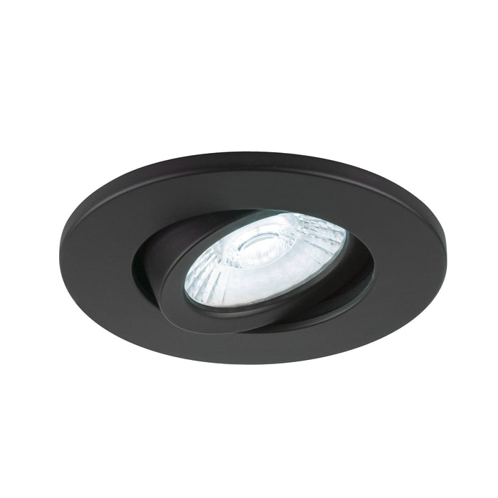 Black recessed ceiling light fixture with adjustable bulb.