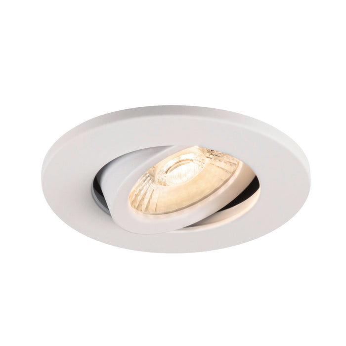 White recessed ceiling light fixture with adjustable spotlight.