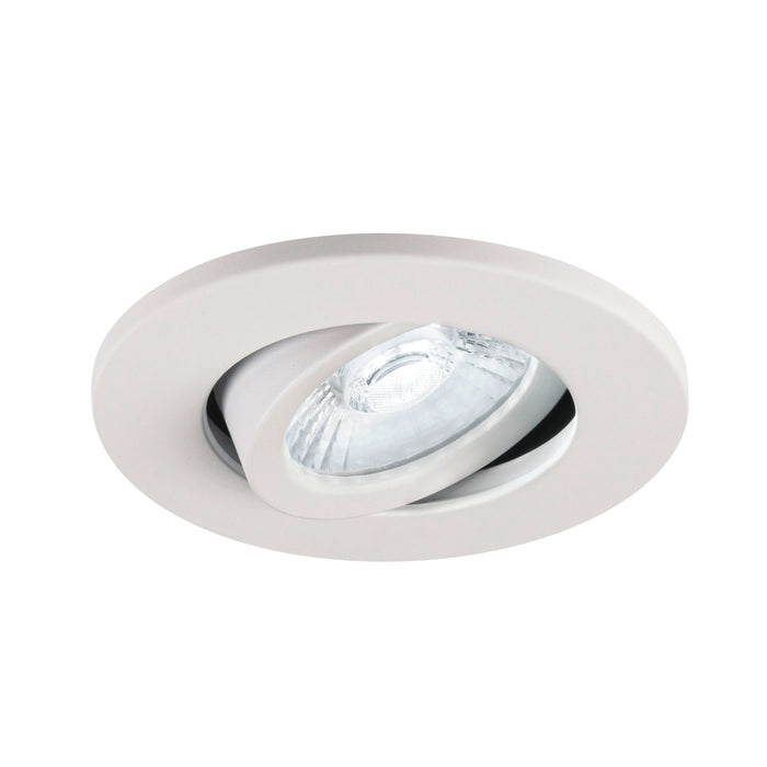 White recessed ceiling light fixture with adjustable bulb.