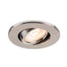 Brushed nickel recessed ceiling light fixture.