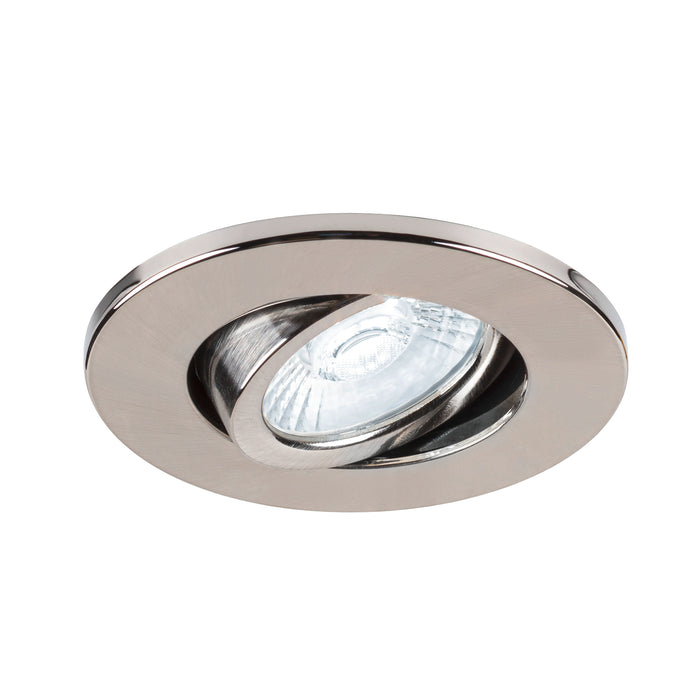 Recessed ceiling light fixture, brushed nickel finish, adjustable spotlight.
