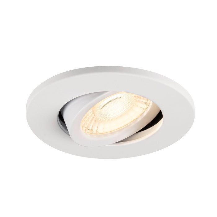 White recessed ceiling light fixture with adjustable head.