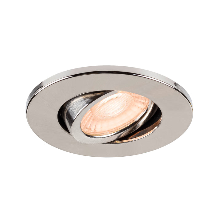 Brushed nickel recessed ceiling light fixture.