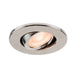 Brushed nickel recessed ceiling light fixture.