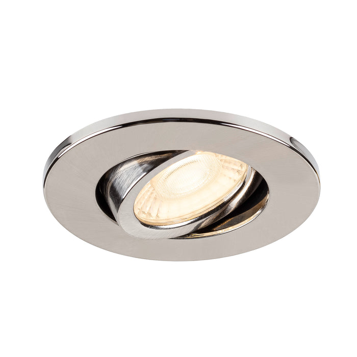 Brushed nickel recessed ceiling light fixture.
